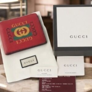 Gucci Red and Green Leather Card Holder Bifold Wallet